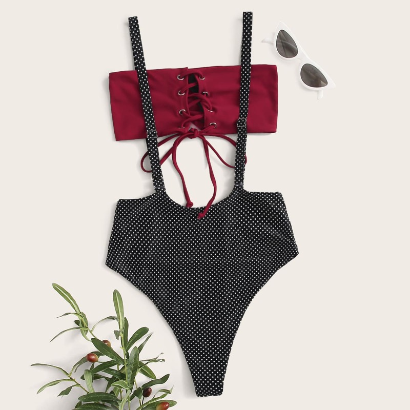 

Polka Dot Lace-up Bandeau Suspender Bikini Swimsuit, Multicolor