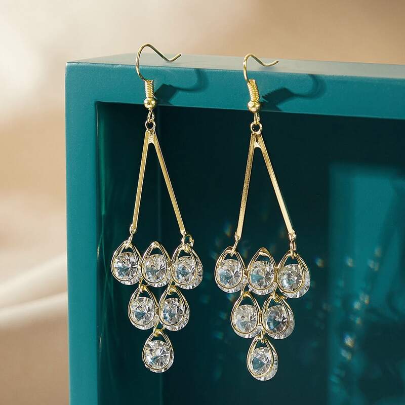 

1pair Rhinestone Engraved Tassel Drop Earrings, Gold