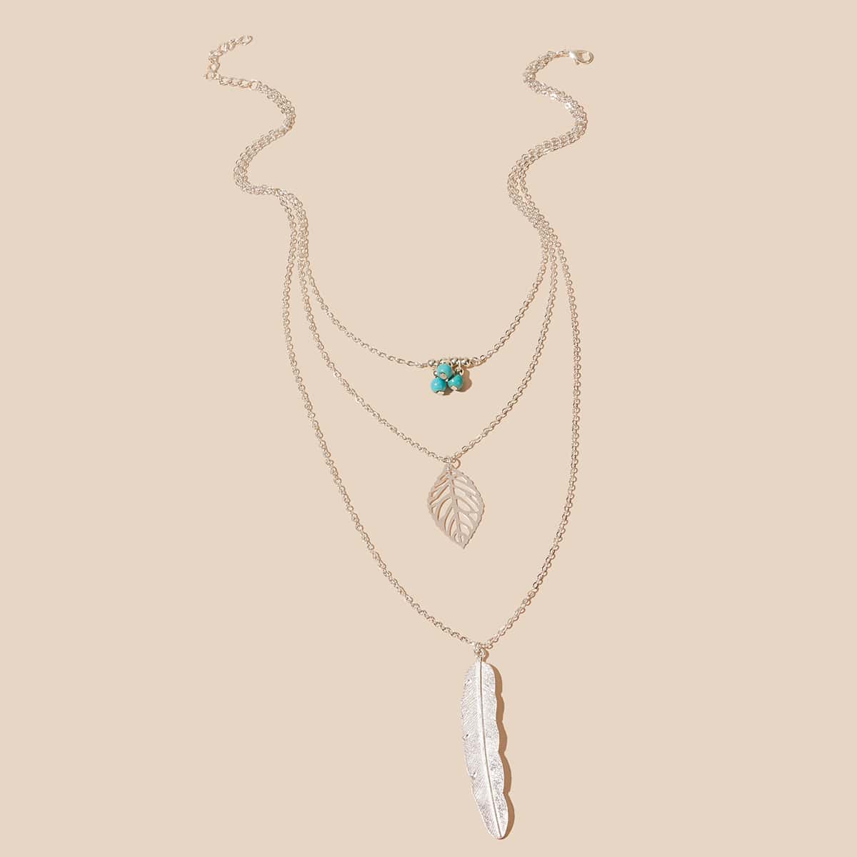 

1pc Leaf Layered Chain Necklace, Silver