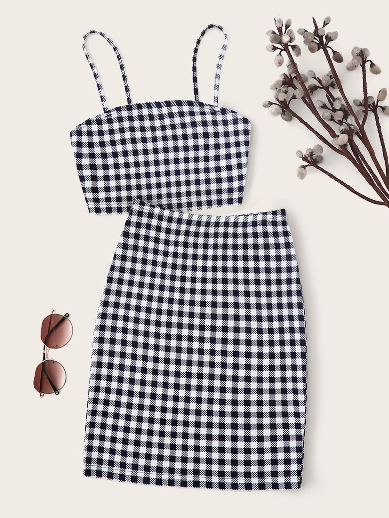 SHEIN Privé Gingham Cropped Cami Top & Mini Skirt Set - Navy Blue - View 1