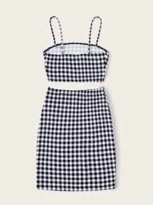 SHEIN Privé Gingham Cropped Cami Top & Mini Skirt Set - Navy Blue - View 2