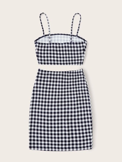 Conjunto top de tirante corto de guingán con falda
