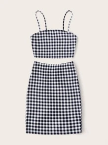 SHEIN Privé Gingham Cropped Cami Top & Mini Skirt Set - Navy Blue - View 4