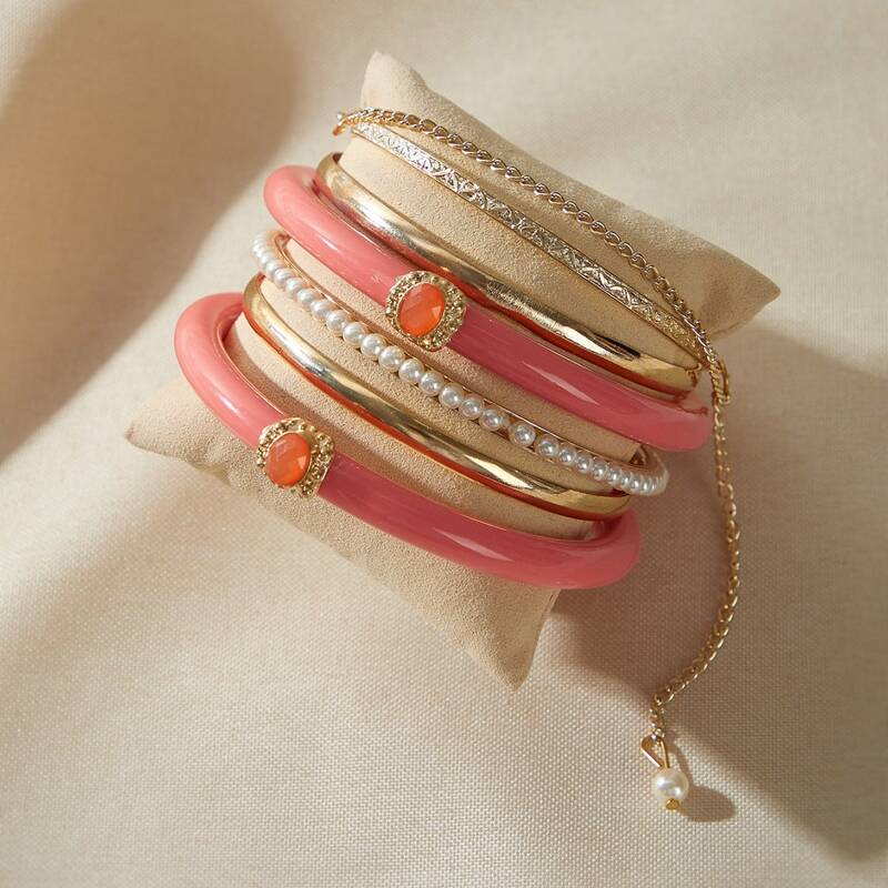 

6pcs Faux Pearl Beaded Bangle, Multicolor