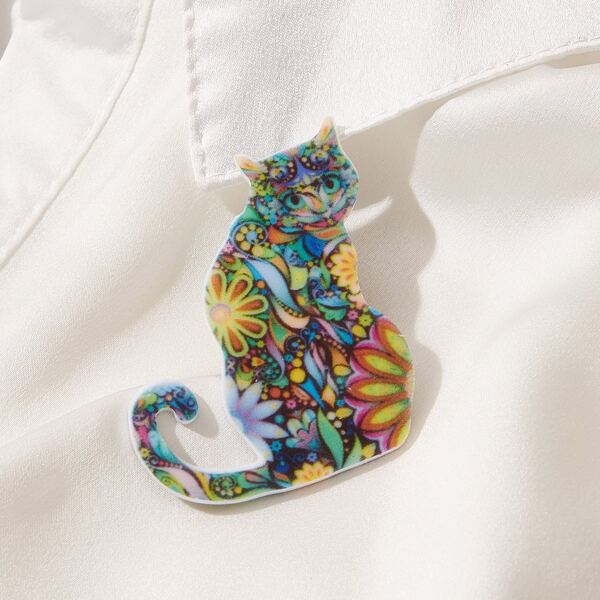 

1pc Floral Pattern Cat Shaped Brooch, Multicolor