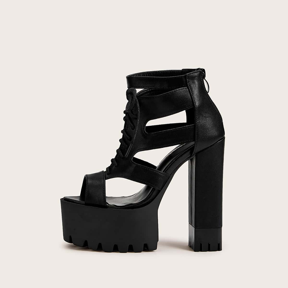

Lace-up Front Chunky Heels, Black