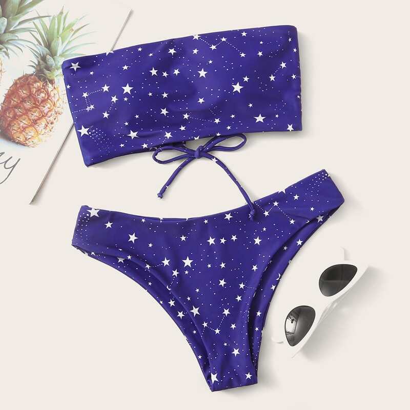 

Star Print Lace-up Bandeau Bikini Swimsuit, Purple