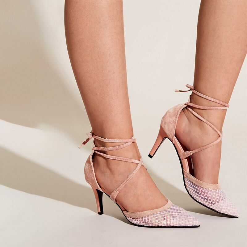 

Point Toe Tie Leg Mesh Stiletto Heels, Pink