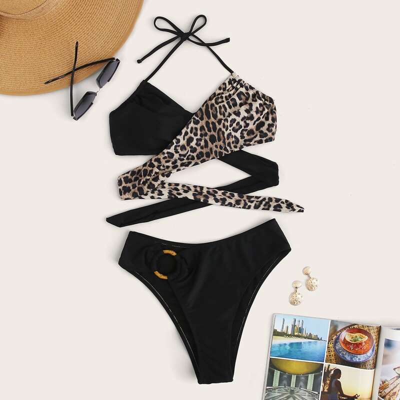 

Leopard Surplice Front Ring Linked Halter Bikini Swimsuit, Multicolor