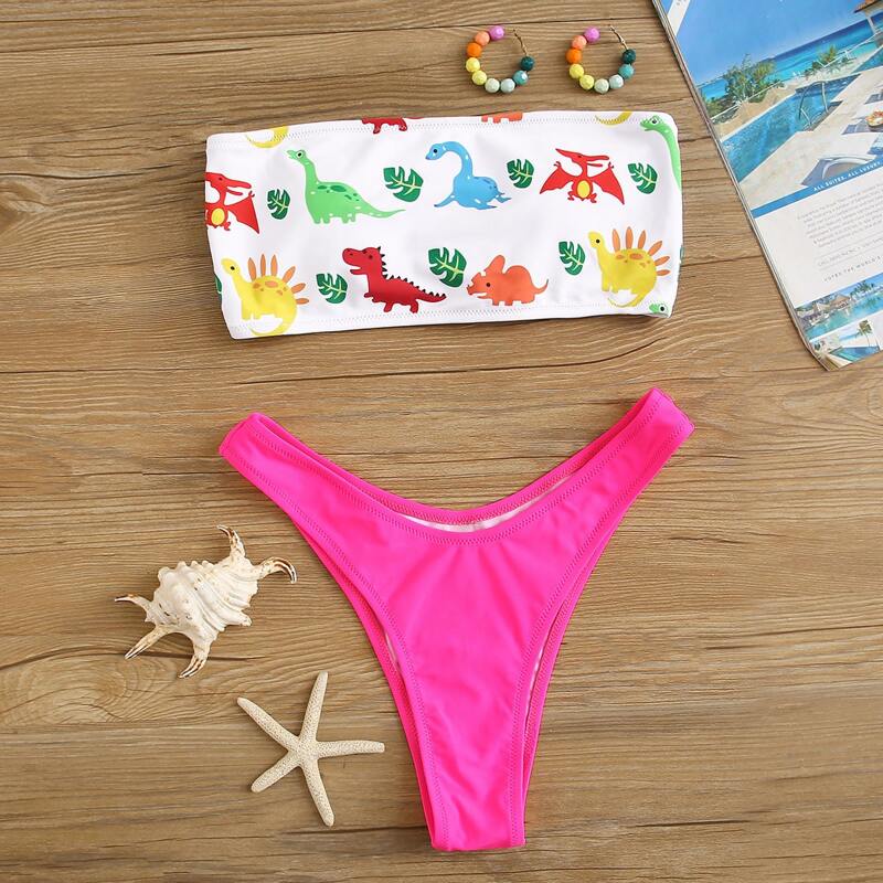

Cartoon Dinosaur Bandeau High Leg Bikini Swimsuit, Multicolor