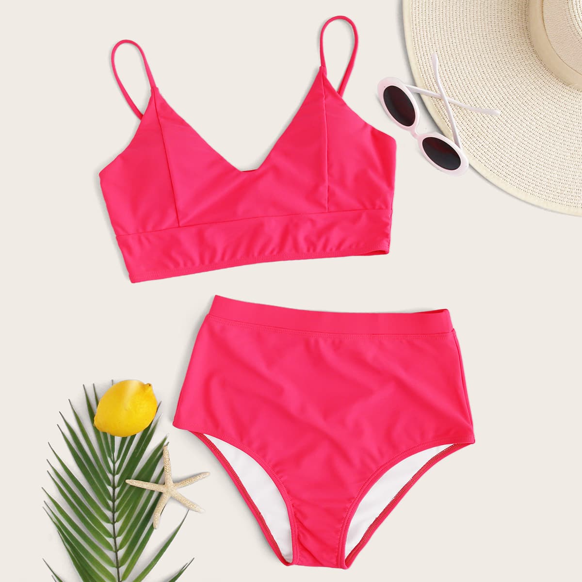 

Neon Pink High Waisted Bikini Swimsuit, Pink bright