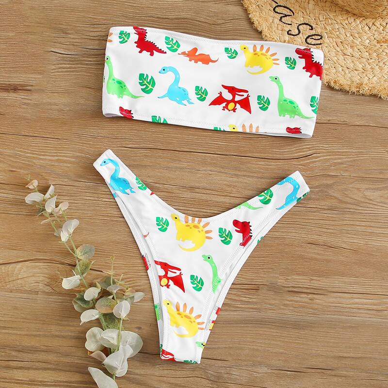 

Cartoon Dinosaur Bandeau High Cut Bikini Swimsuit, Multicolor