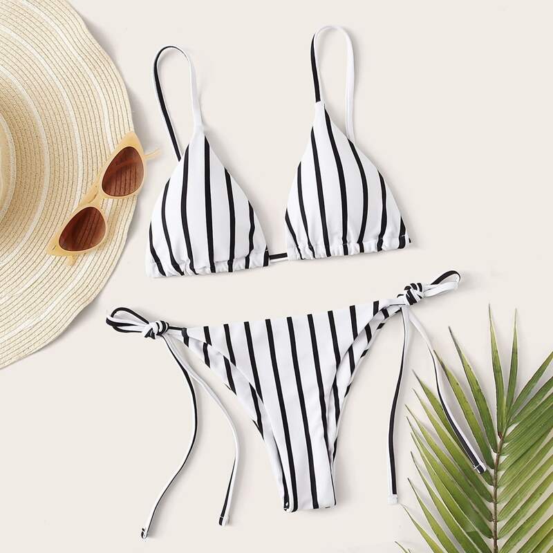 

Striped Triangle Tie Side Bikini Swimsuit, Black and white
