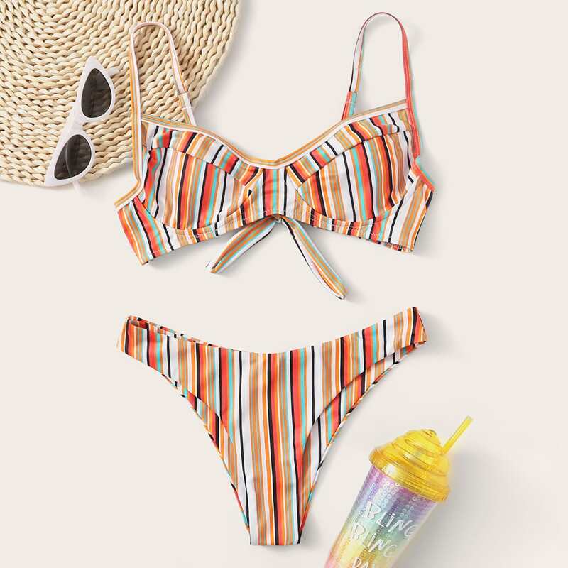 

Striped Tie Back Underwire High Cut Bikini Swimsuit, Multicolor