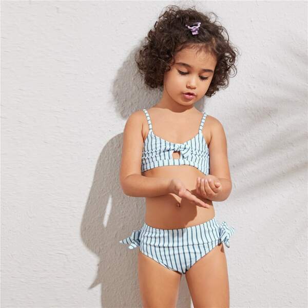 

Girls Striped Knot Front Bow Decor Bikini, Multicolor