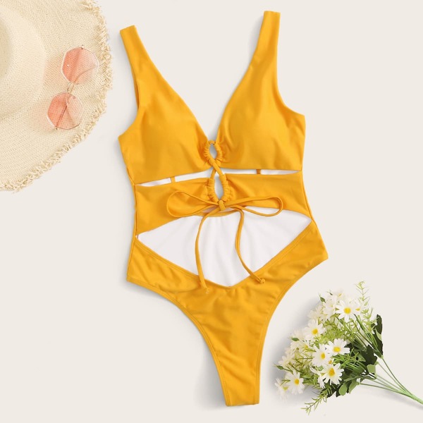 

Cut-out Lace-up One Piece Swimsuit, Yellow