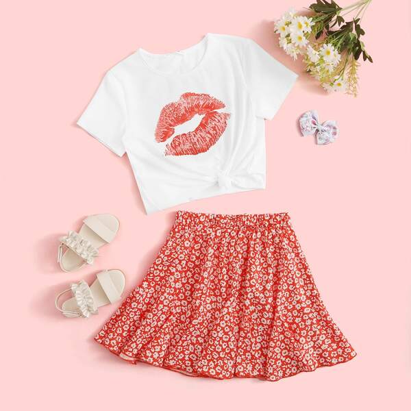 

Girls Lip Print Top & Ditsy Floral Skirt Set, Multicolor