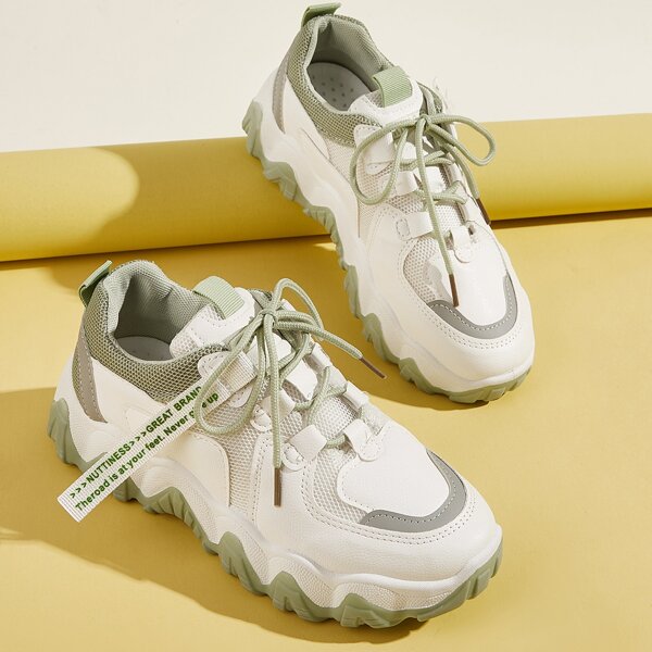 

Сетчатые кроссовки на шнурках с текстовой лентой, Белый