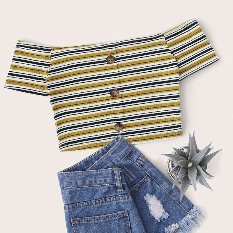 

Off Shoulder Single Breasted Rib-knit Crop Top, Multicolor