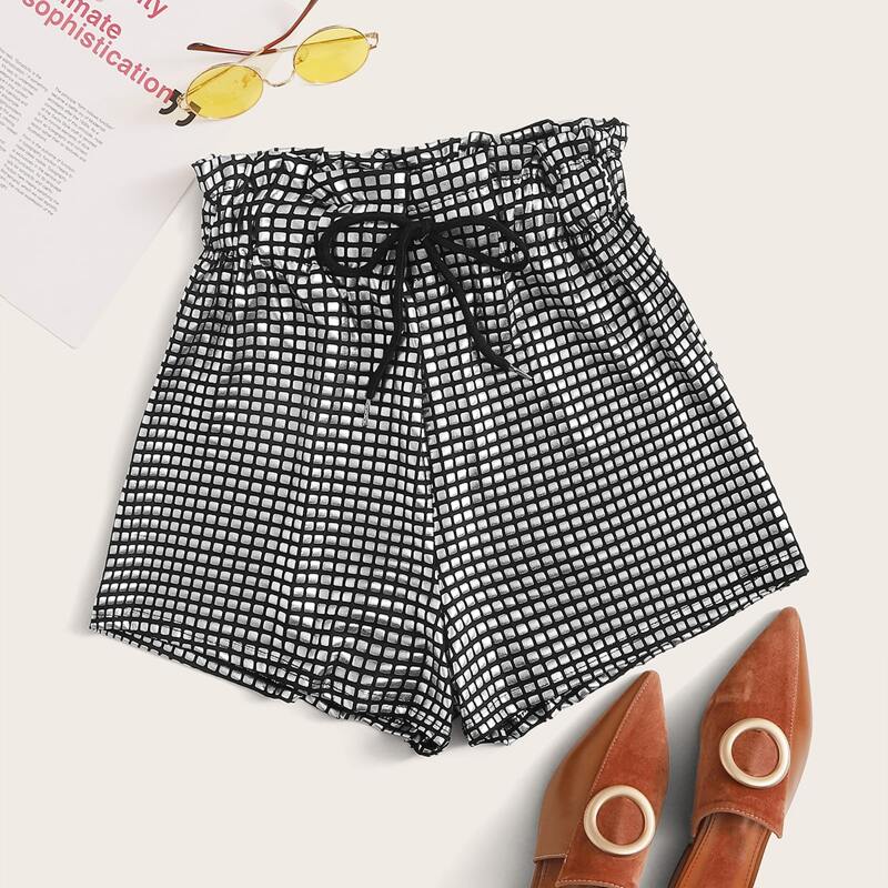 

Drawstring Paperbag Waist Metallic Shorts, Grey