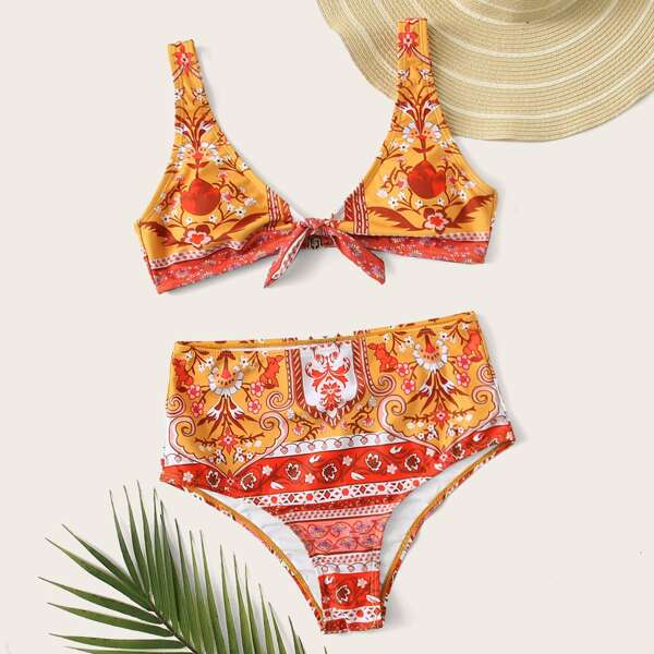 

Tribal Knot Front High Waisted Bikini Swimsuit, Multicolor