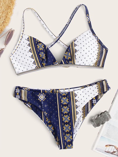 Tribal Criss Cross Tie Back Bikini Swimsuit