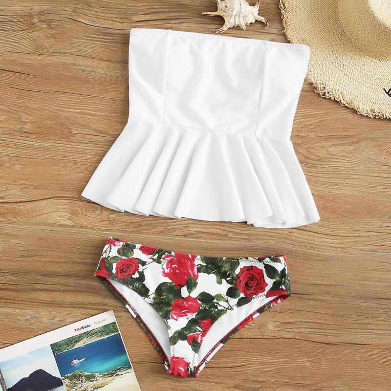 

Floral Ruffle Hem Bandeau Bikini Swimsuit, Multicolor