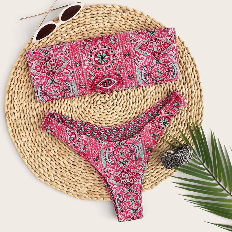 

Tribal Lace-up Bandeau High Leg Bikini Swimsuit, Red