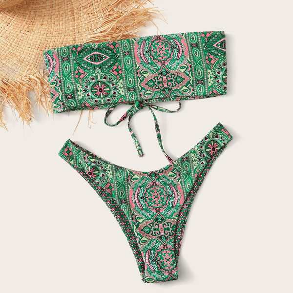 

Tribal Lace-up Bandeau High Cut Bikini Swimsuit, Green