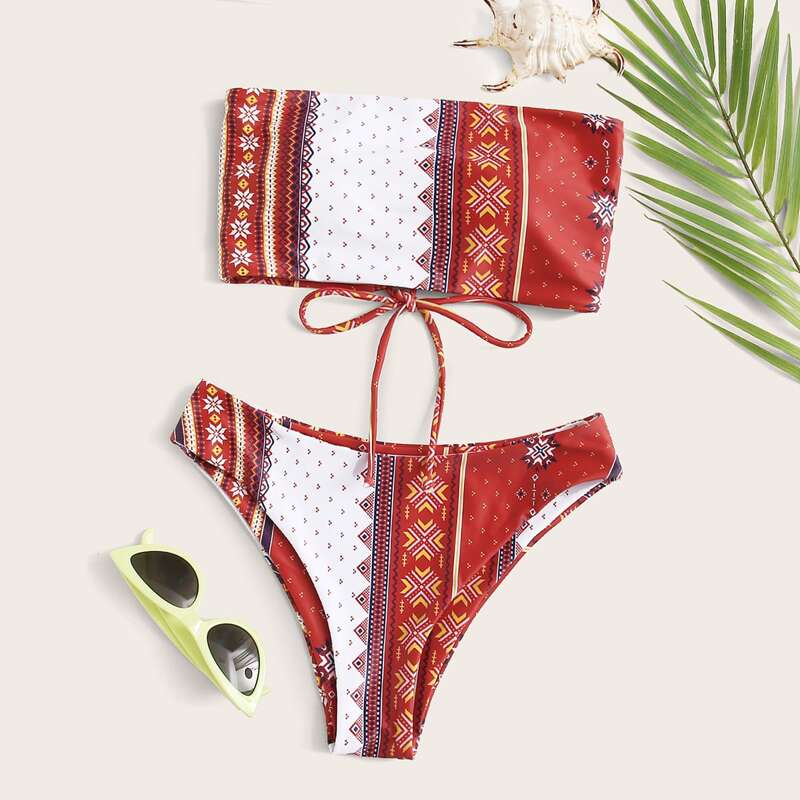 

Tribal Lace-up Back Bandeau Bikini Swimsuit, Multicolor