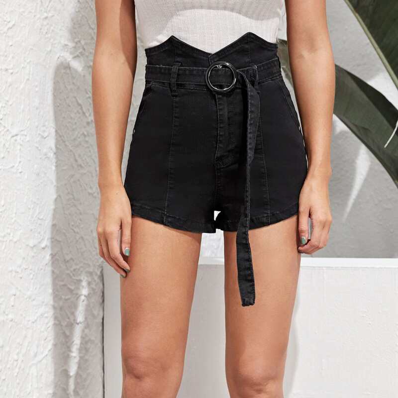 

High Waist Belted Denim Shorts, Black