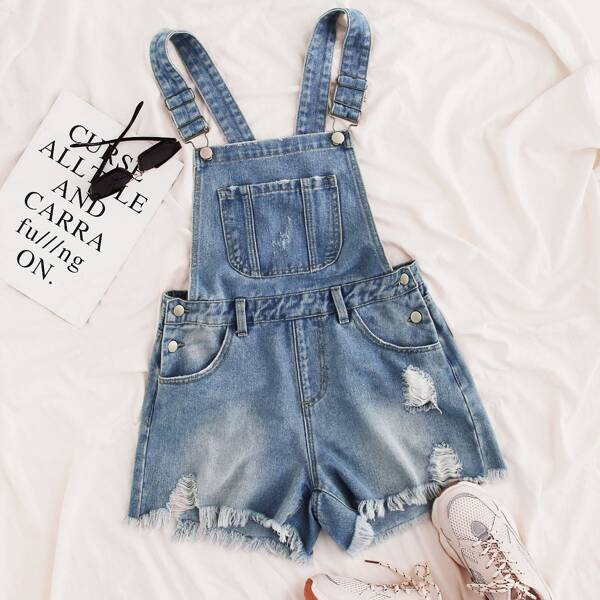 

Pocket Front Raw Hem Ripped Denim Overall, Blue