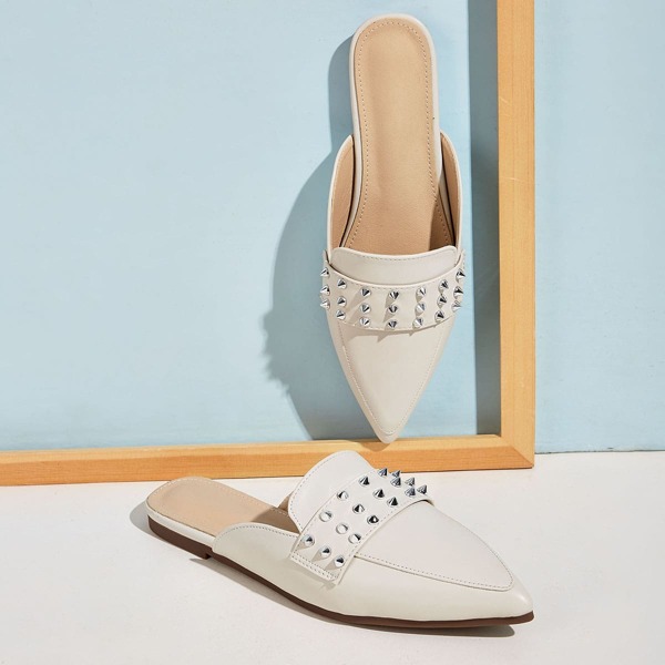 

Point Toe Spiked Loafers Mules, Beige