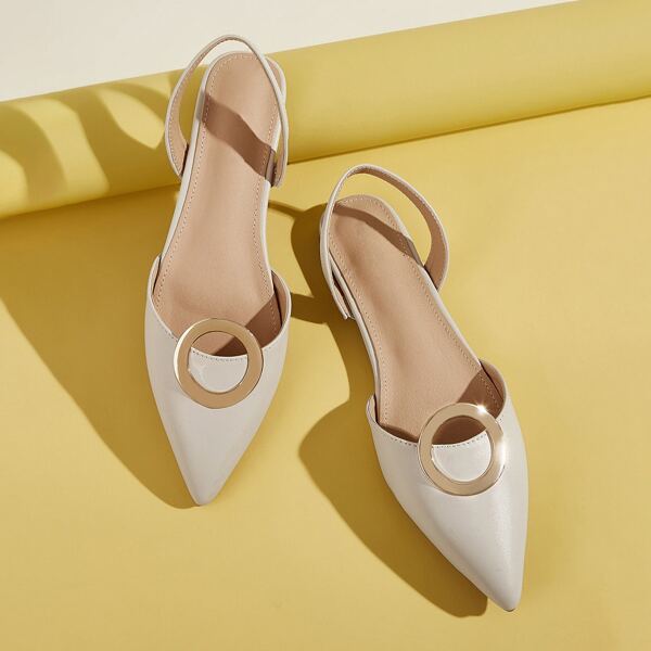 

Metal Ring Decor Slingback Flats, Beige