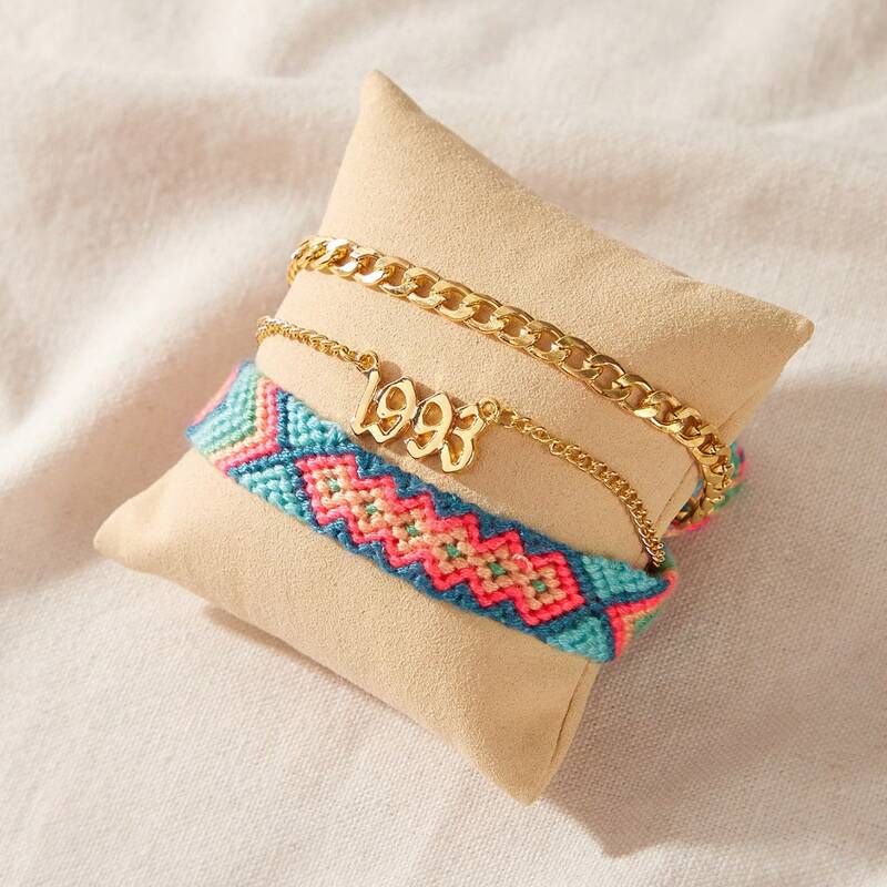 

2pcs Number Decor Braided Anklet, Multicolor