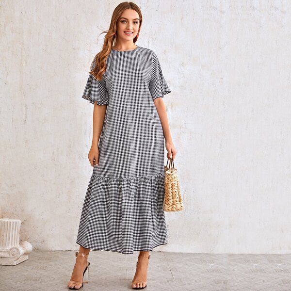 

Bell Sleeve Ruffle Hem Gingham Dress, Navy blue