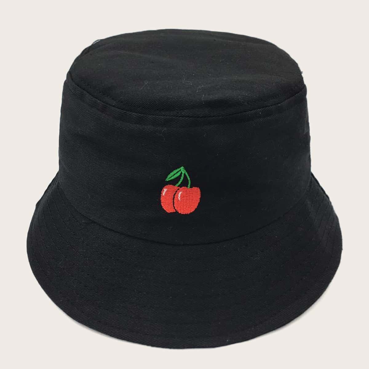 

Cherry Embroidered Bucket Hat, Black