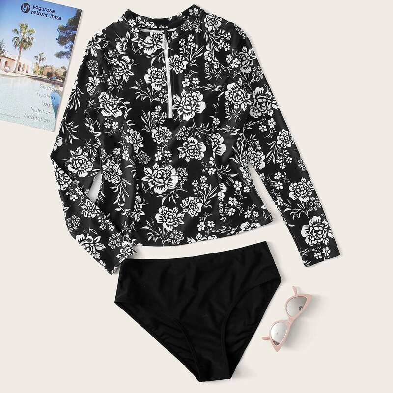 

Floral Print Zipper Front Surfing Swimsuit, Black and white