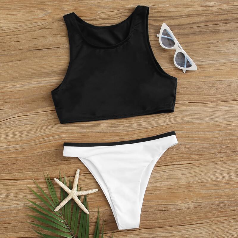 

Two Tone Black Top With Cutout Back Bikini Set, Black and white
