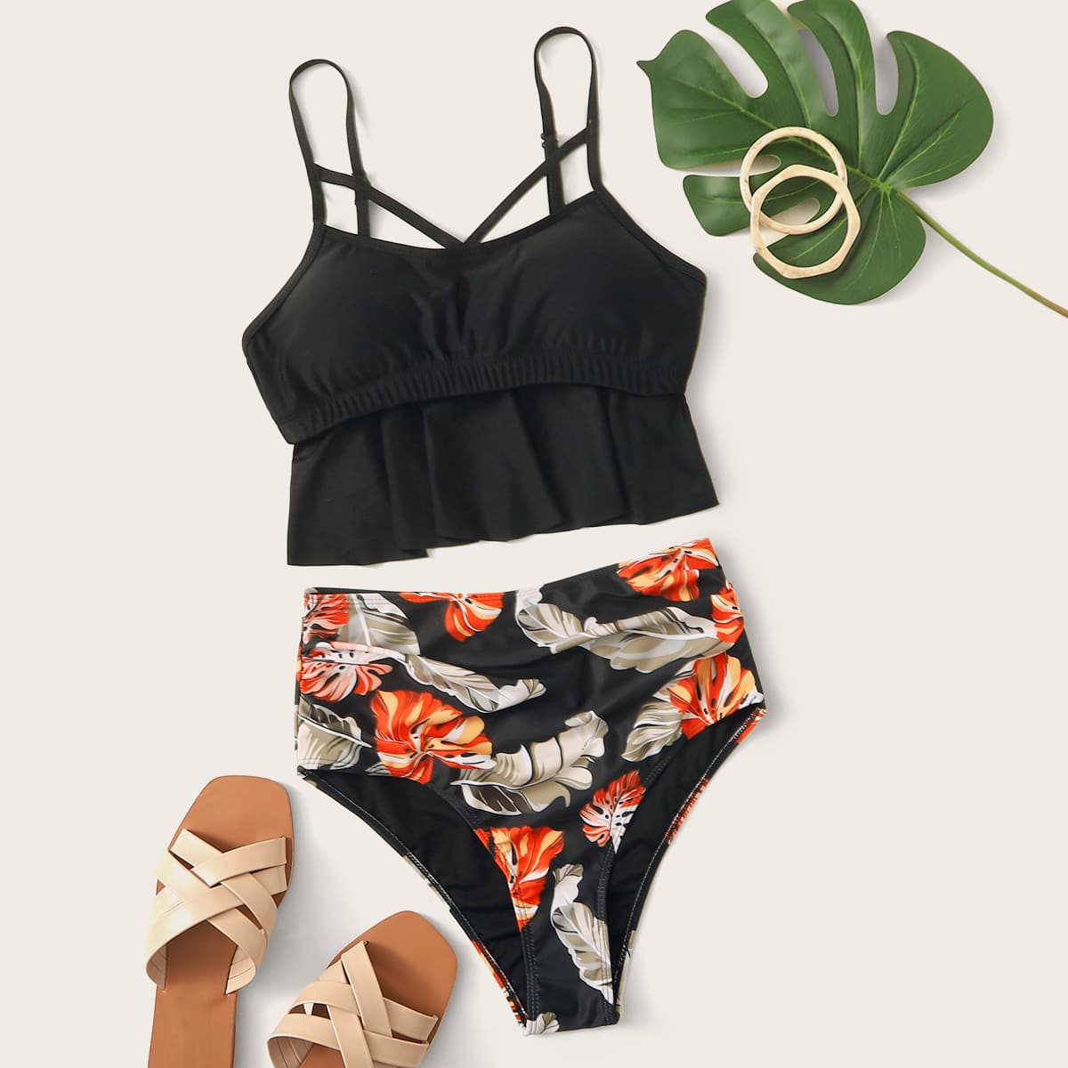 

Palm Leaf Ruffle Trim High Waisted Bikini Swimsuit, Multicolor