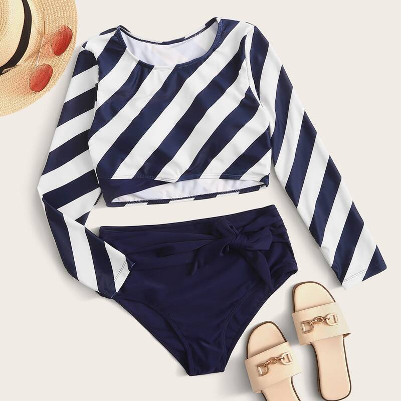 

Striped Long Sleeve Top With High Waist Bikini, Multicolor