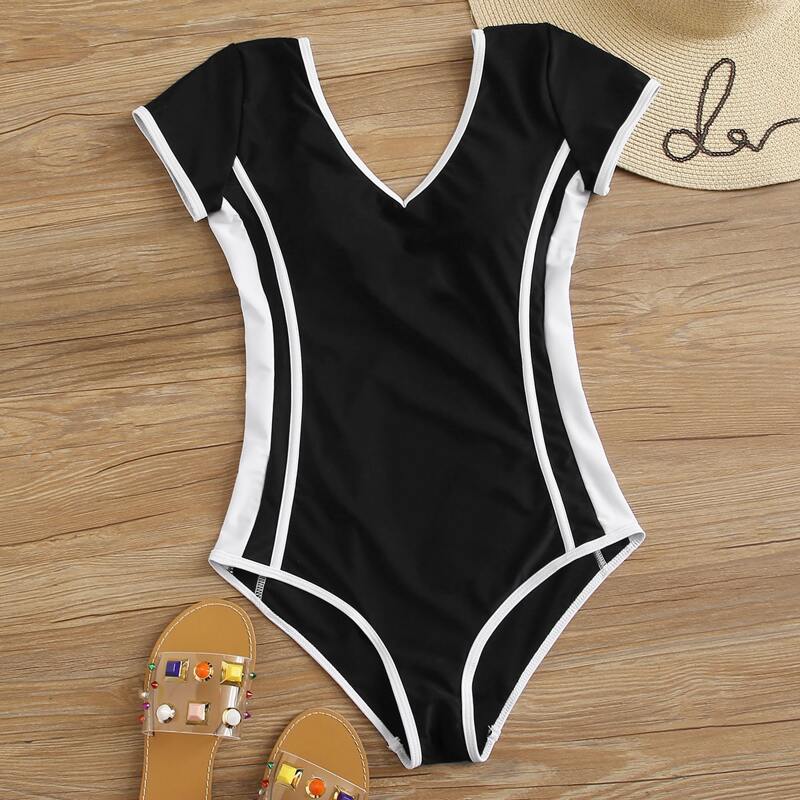 

Colorblock Short Sleeve One Piece Swimwear, Black