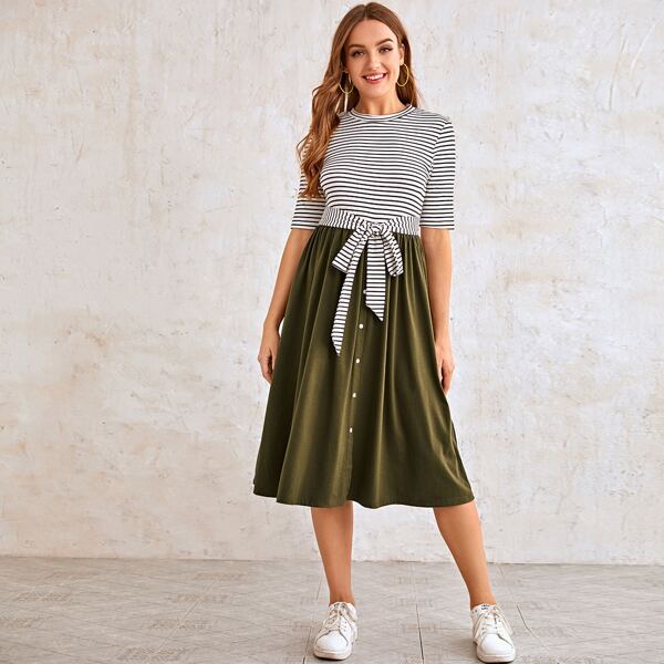 

Tie Waist Button Front Combo Striped Dress, Multicolor