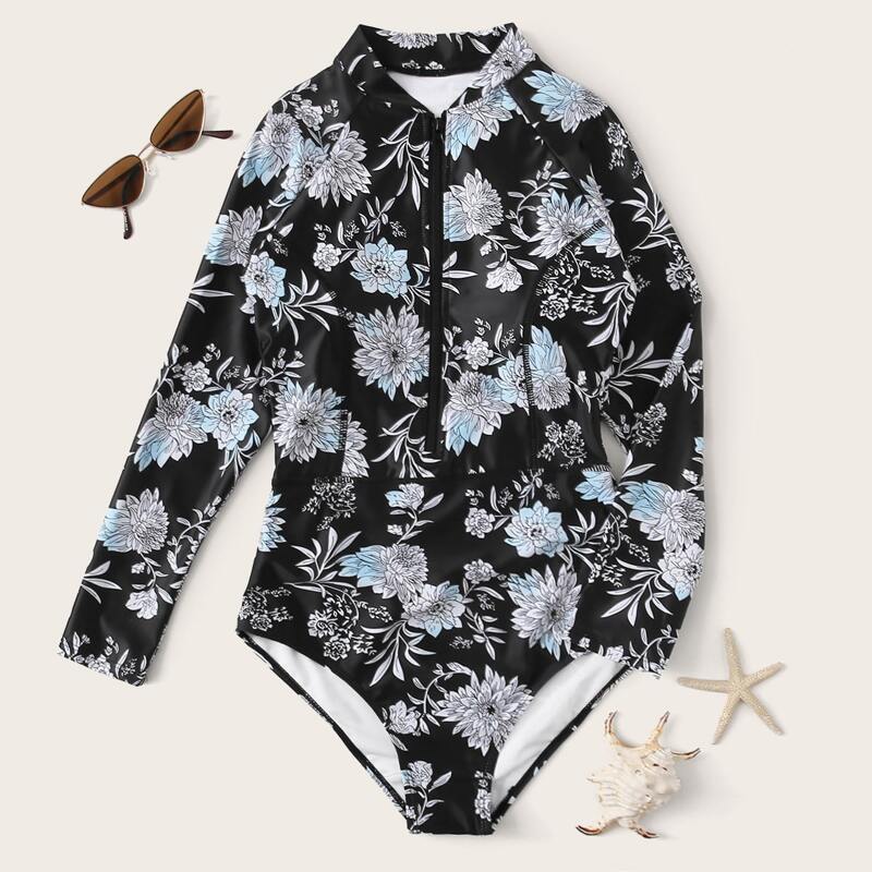 

Floral Print Zipper Front Surfing Swimsuit, Multicolor