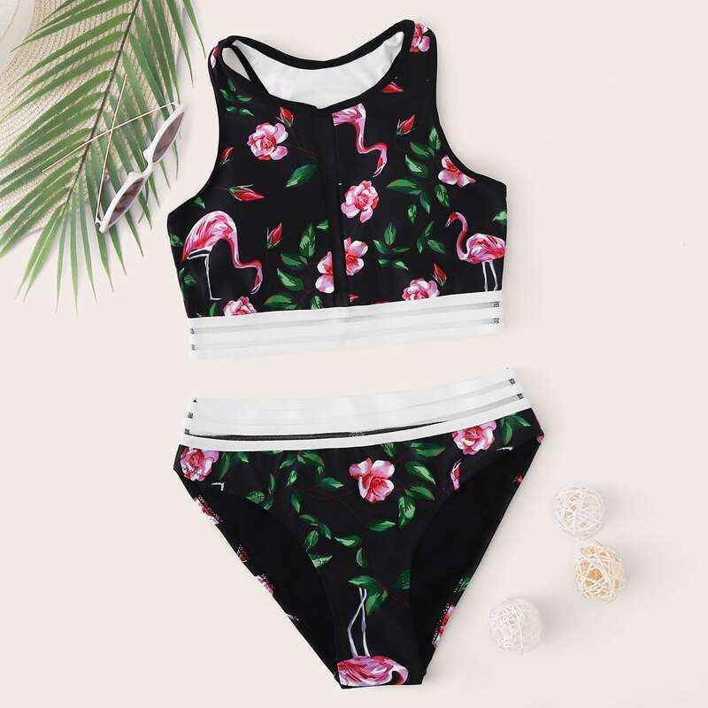 

Tropical & Flamingo Print Contrast Mesh Bikini Swimsuit, Multicolor