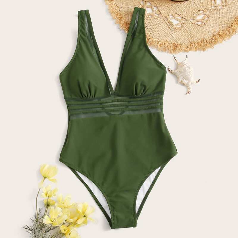 

Contrast Mesh One Piece Swimsuit, Dark green