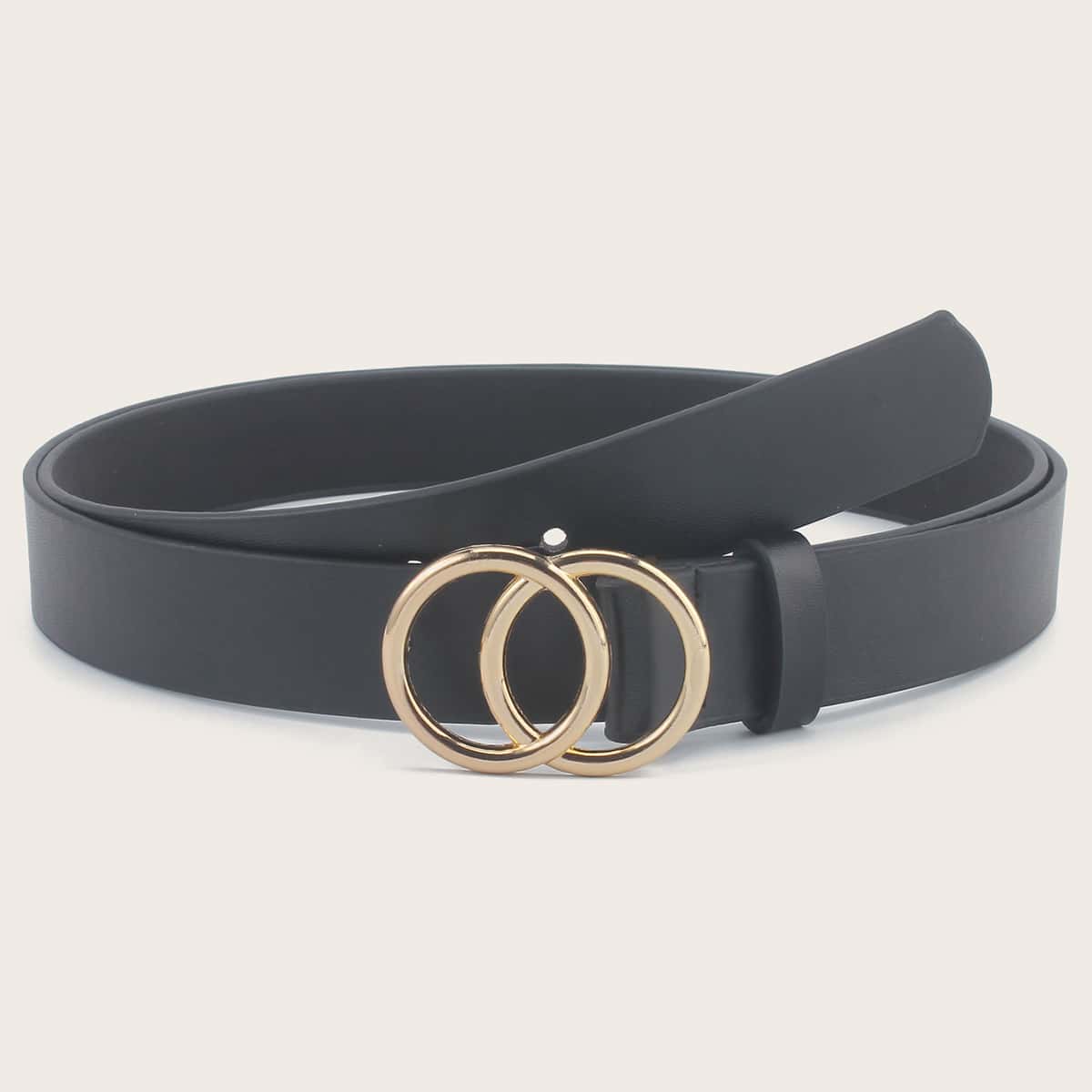 

Plus Double Ring Decor PU Buckle Belt, Black