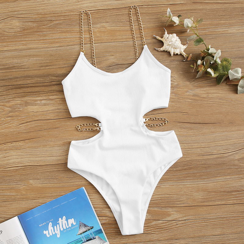 

Rib Chain Strap Cut-out One Piece Swimsuit, White