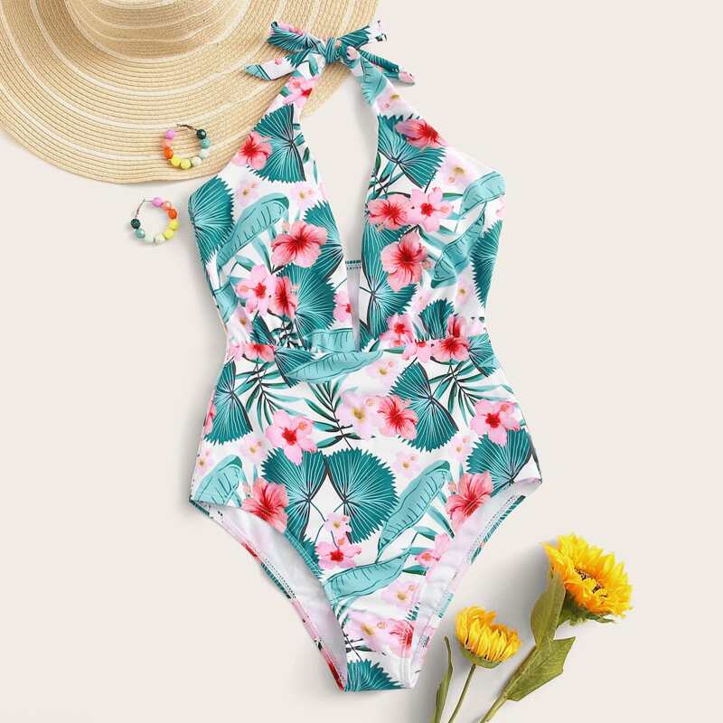 

Tropical Halter One Piece Swimwear, Multicolor