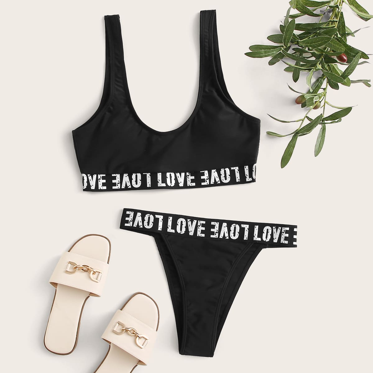 

Letter Tape High Cut Bikini Swimsuit, Black